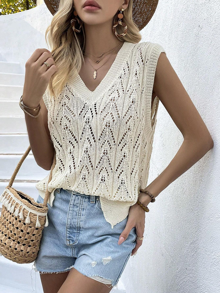 Crochet Top Boho - 여성용 베이지 크로셰 베스트 탑 V넥