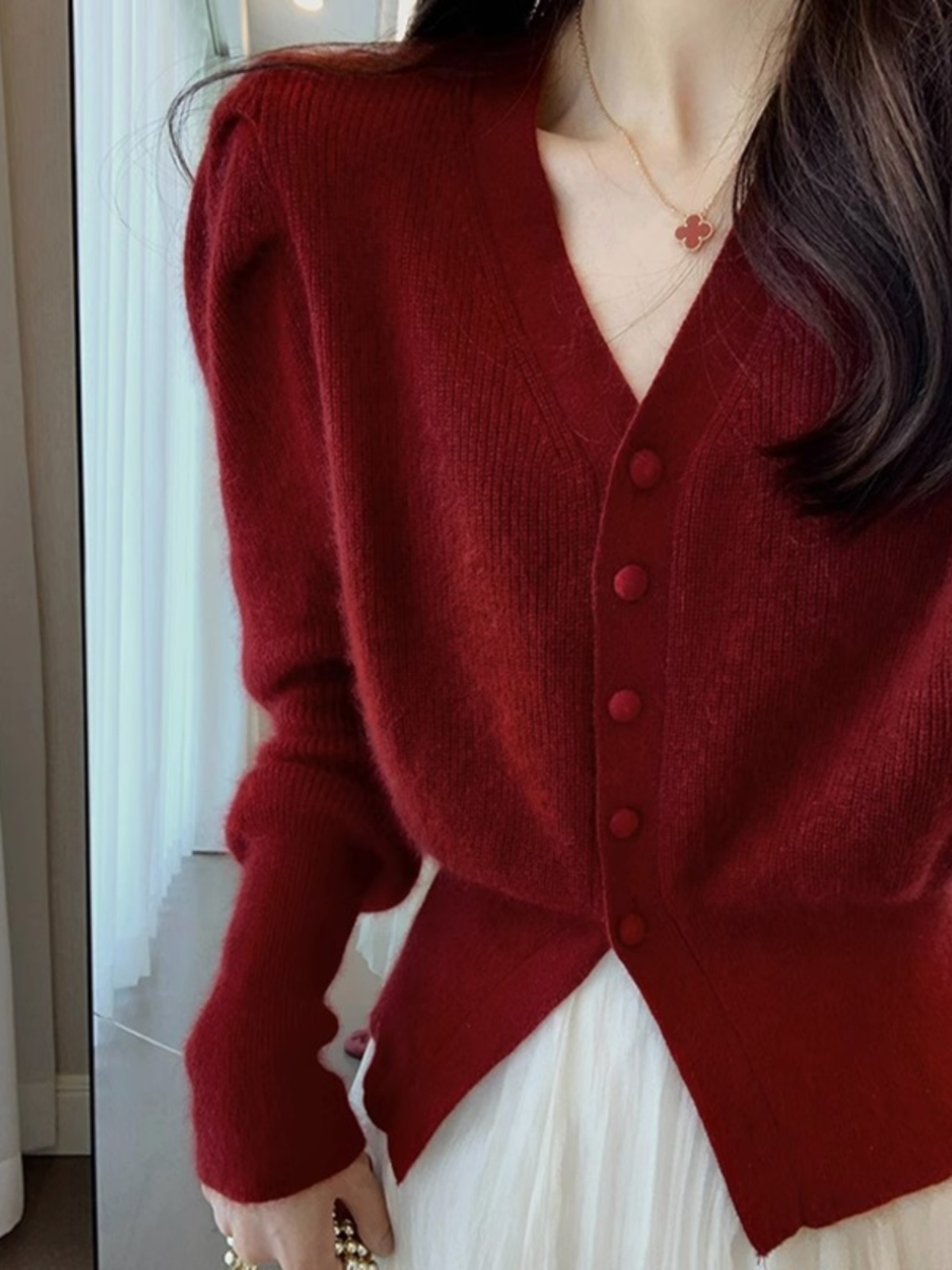 Vintage Fashion Years - 레드 V넥 니트 스웨터 코트 여성