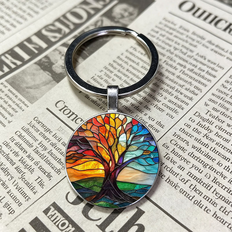 Vintage Fashion Meaning - 빈티지 모자이크 프린트 생명의 나무 열쇠고리,
