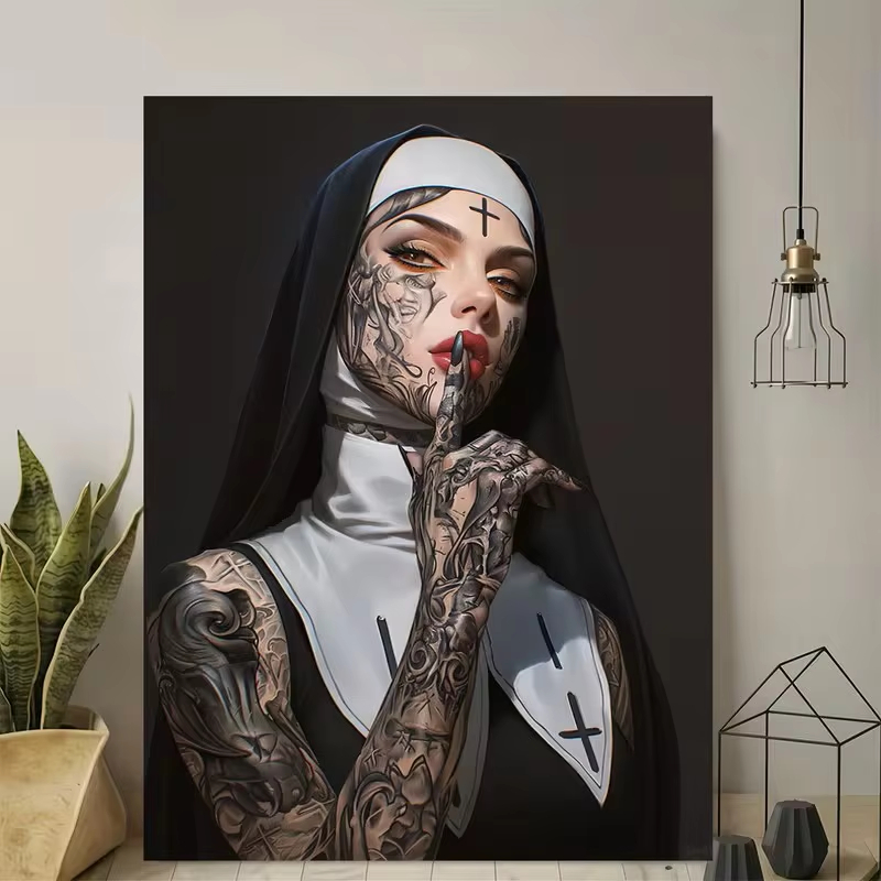 세련된 스타일의 여성, 문신, 수녀, 캔버스 포스터,  - Vintage Fashion Illustration 리뷰 및 가격