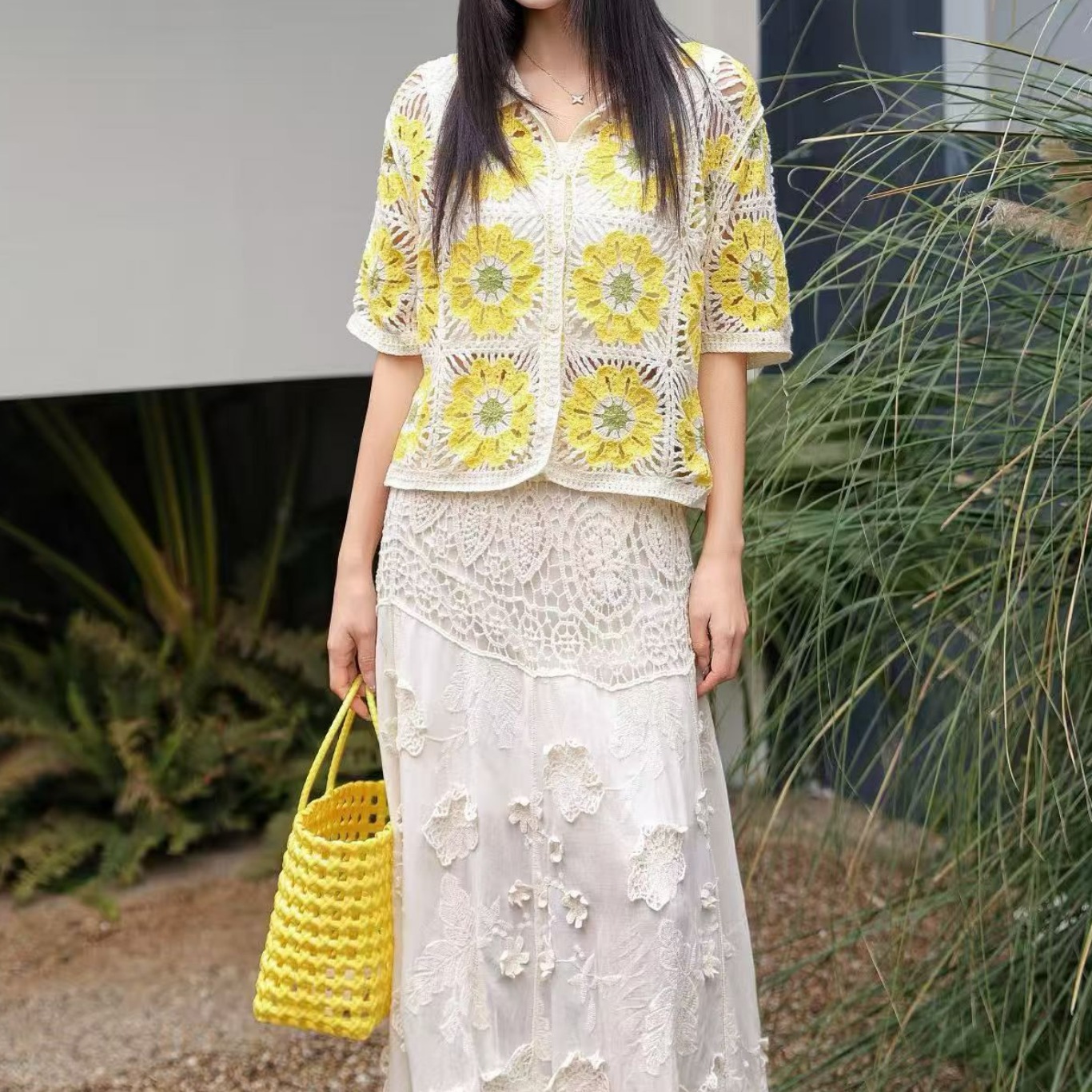 그라니 스퀘어 크로셰 니트 폴로 셔츠 반팔 폴로넥 오픈 - Crochet Top Boho 리뷰 및 가격