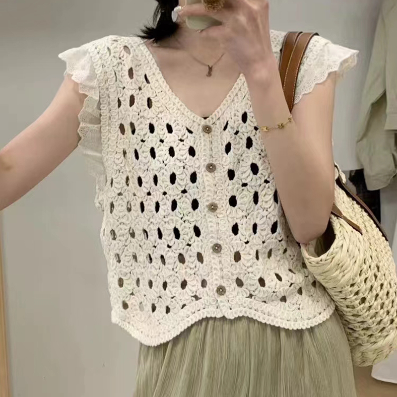 Ruffle Trim 크로 셰 뜨개질 조끼 탑 버튼 프 - Crochet Top Boho 리뷰 및 가격