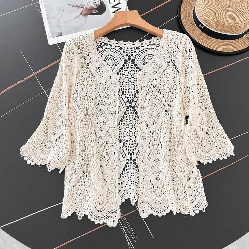 오픈 프론트 크로셰 니트 가디건 여성용 하프 슬리브 기 - Crochet Top Boho 리뷰 및 가격