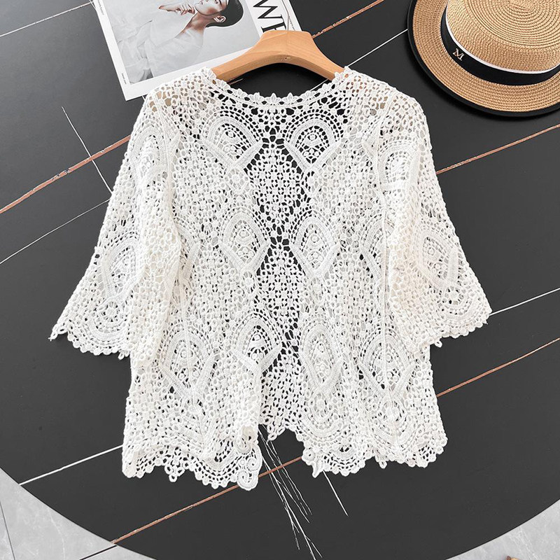 오픈 프론트 크로셰 니트 가디건 여성용 하프 슬리브 기 - Crochet Top Boho 리뷰 및 가격