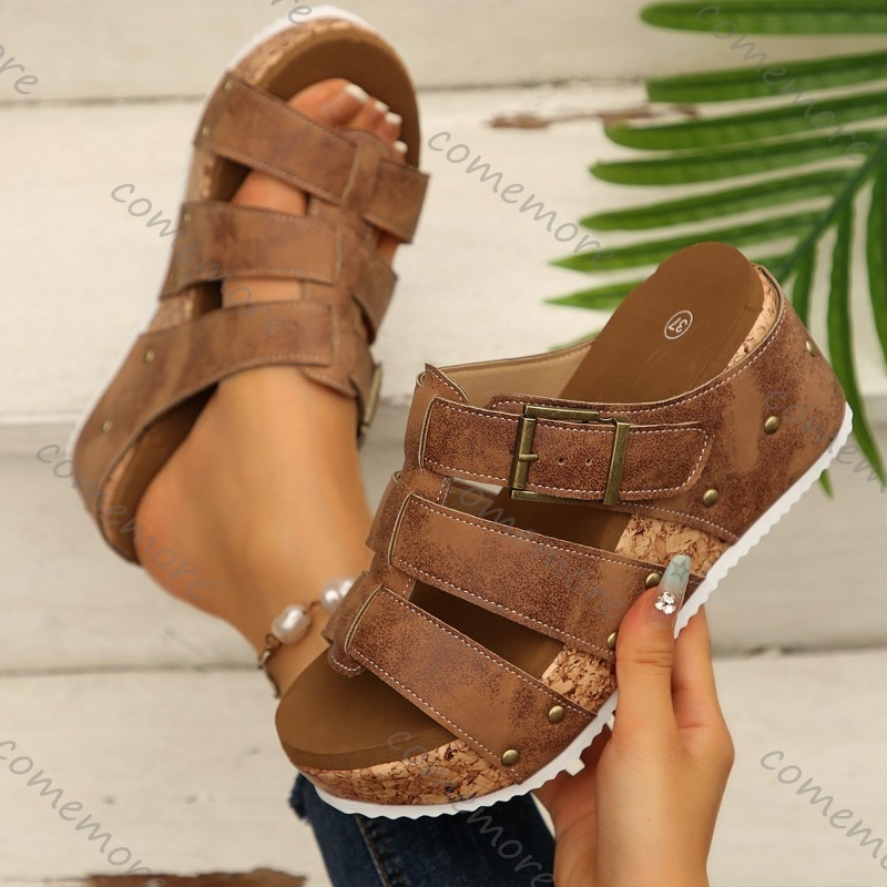빈티지 버클 스트랩 웨지 슬라이드 샌들 여성용 오픈토  - Vintage Outdoor Fashion 리뷰 및 가격