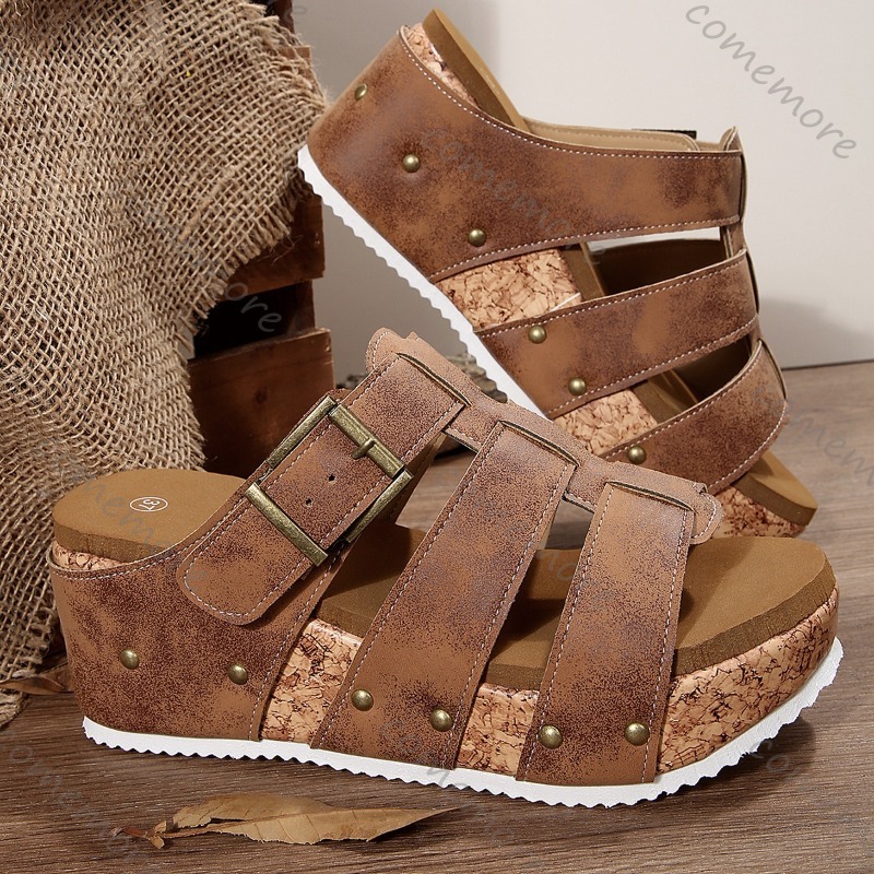 빈티지 버클 스트랩 웨지 슬라이드 샌들 여성용 오픈토  - Vintage Outdoor Fashion 리뷰 및 가격