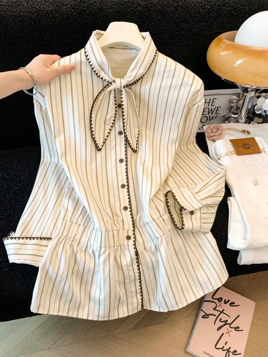 우아한 세로 줄무늬 긴팔 여성 셔츠 빈티지 리본 출퇴근 - Vintage Fashion Years 리뷰 및 가격