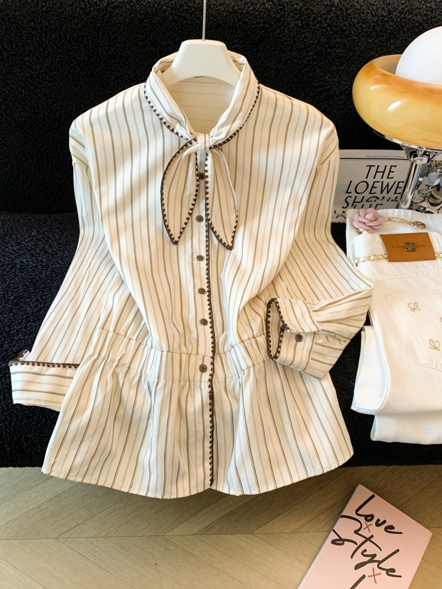 우아한 세로 줄무늬 긴팔 여성 셔츠 빈티지 리본 출퇴근 - Vintage Fashion Years 리뷰 및 가격