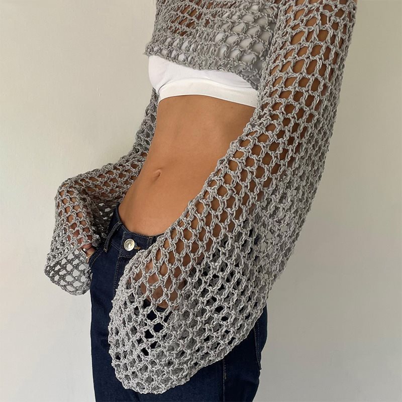 긴 소매 크로셰 크롭 탑, 니트 할로우 아웃 메쉬 커버 - Crochet Top Boho 리뷰 및 가격