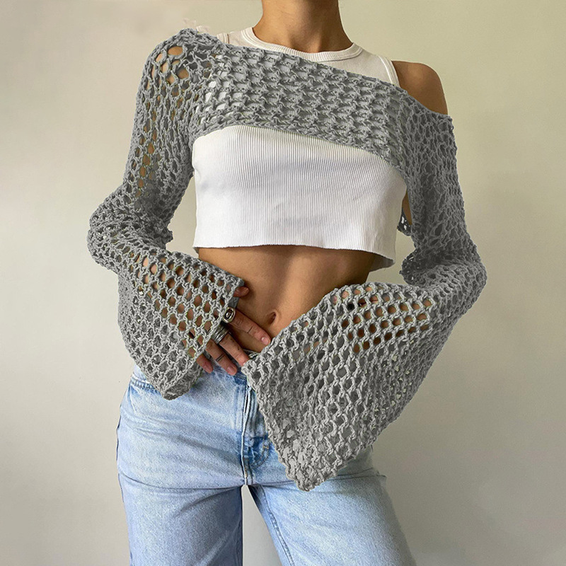 긴 소매 크로셰 크롭 탑, 니트 할로우 아웃 메쉬 커버 - Crochet Top Boho 리뷰 및 가격