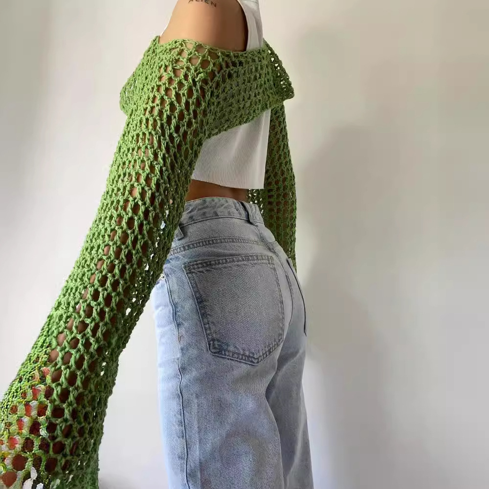 긴 소매 크로셰 크롭 탑, 니트 할로우 아웃 메쉬 커버 - Crochet Top Boho 리뷰 및 가격
