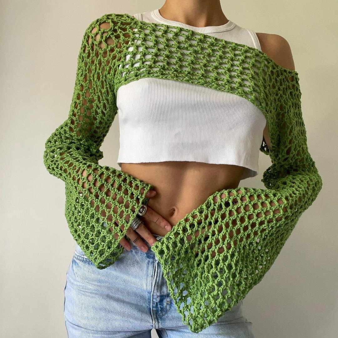 긴 소매 크로셰 크롭 탑, 니트 할로우 아웃 메쉬 커버 - Crochet Top Boho 리뷰 및 가격