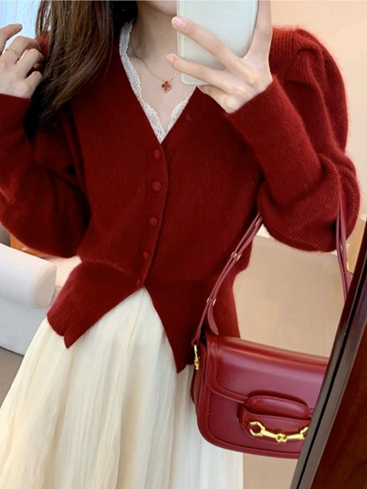 레드 V넥 니트 스웨터 코트 여성 가을 패션 짧은 버블 - Vintage Fashion Years 리뷰 및 가격