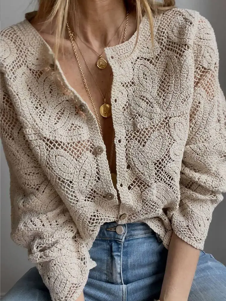 여성용 크로셰 니트 셔츠 버튼업 자수 레이스 긴팔 블라 - Crochet Top Boho 리뷰 및 가격